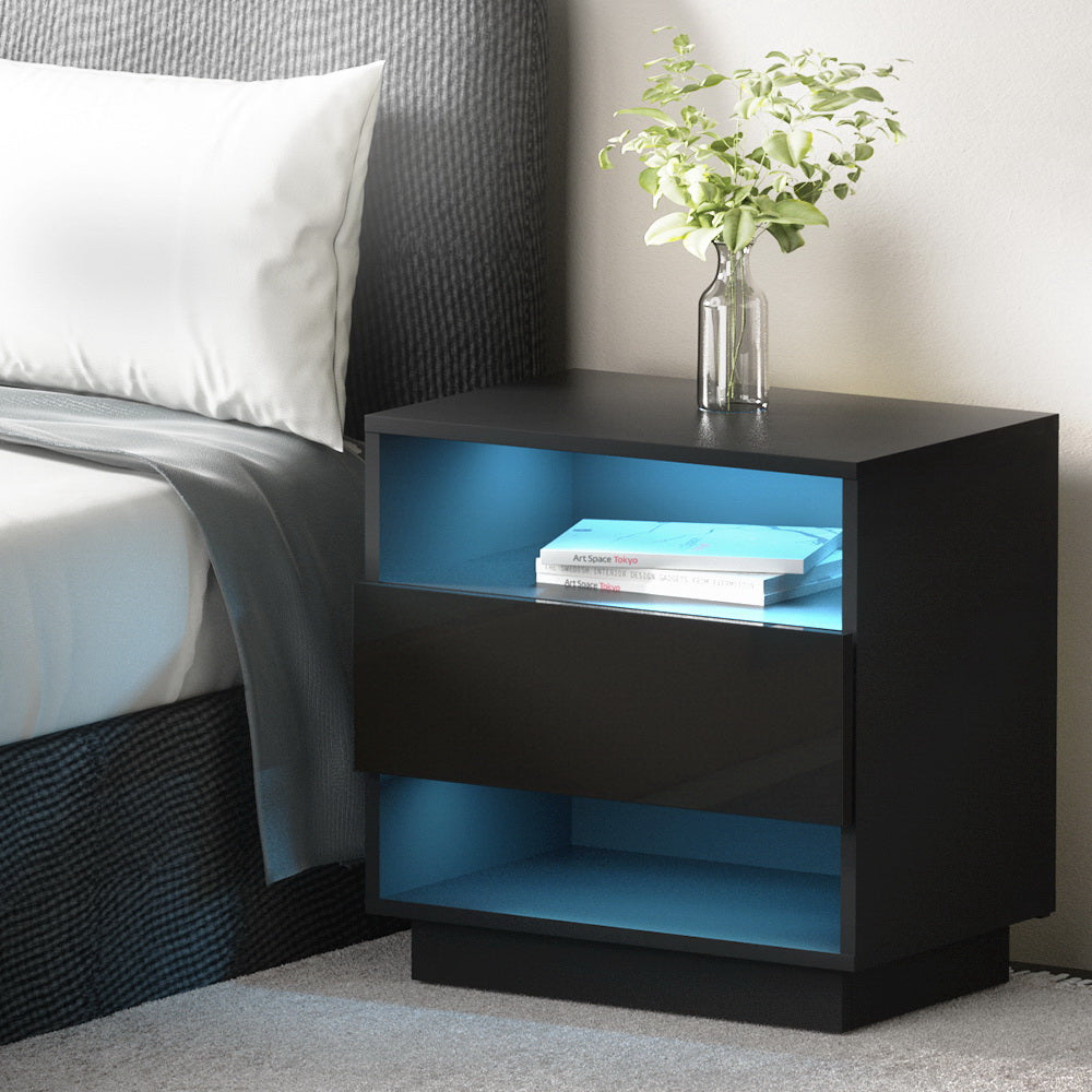 Artiss Bedside Tables Side Table RGB LED Drawers Nightstand High Gloss Black