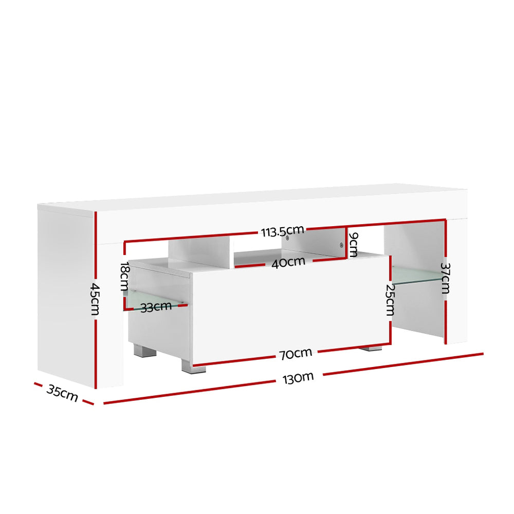 Artiss 130cm RGB LED TV Stand Cabinet Entertainment Unit Gloss Furniture Drawer Tempered Glass Shelf White