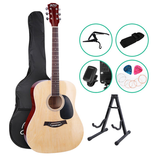 ALPHA 41 Inch Wooden Acoustic Guitar with Accessories set Natural Wood