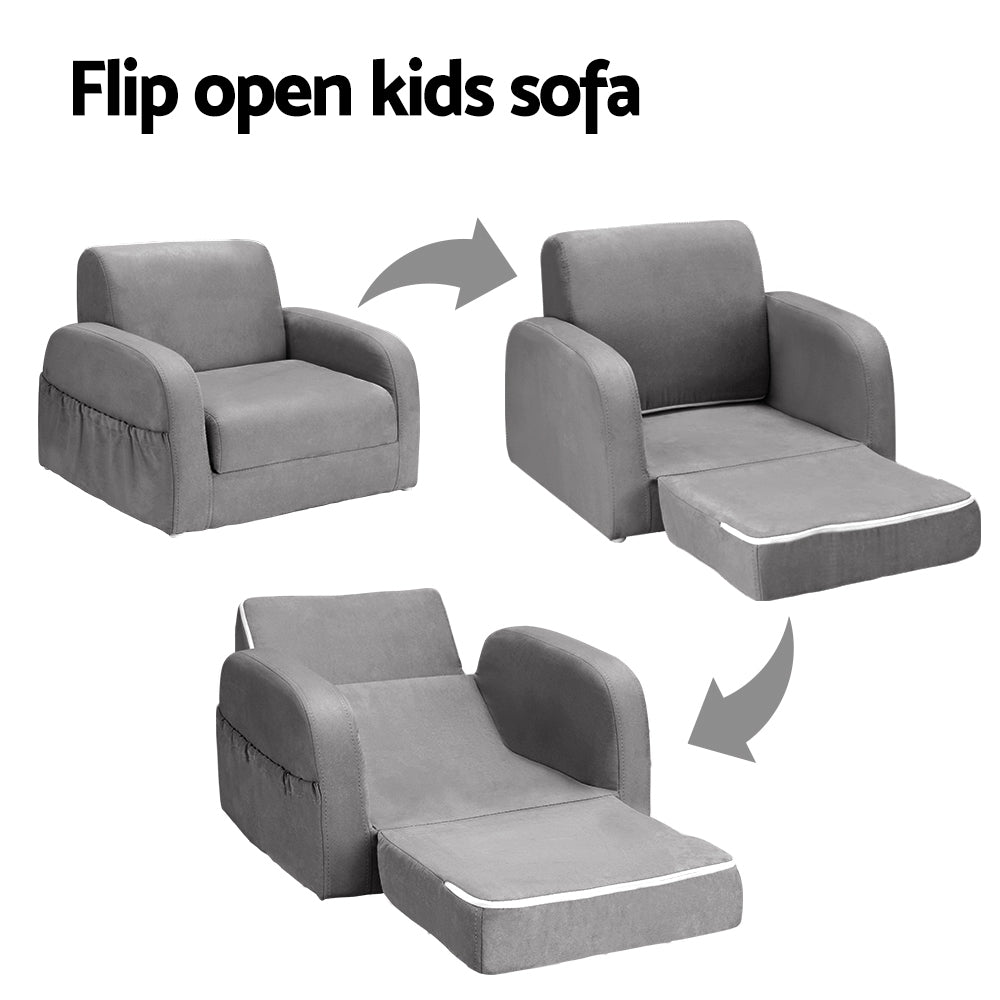 Keezi Kids Sofa 2 Seater Children Flip Open Couch Lounger Armchair Soft Grey