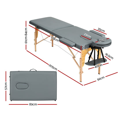 Zenses Massage Table 56cm Portable 2 Fold Wooden Beauty Bed Grey