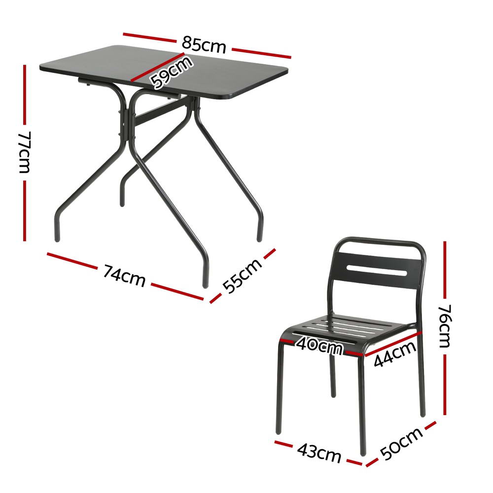 Gardeon 3PC Outdoor Bistro Set Patio Furniture Steel Table and Chairs Black