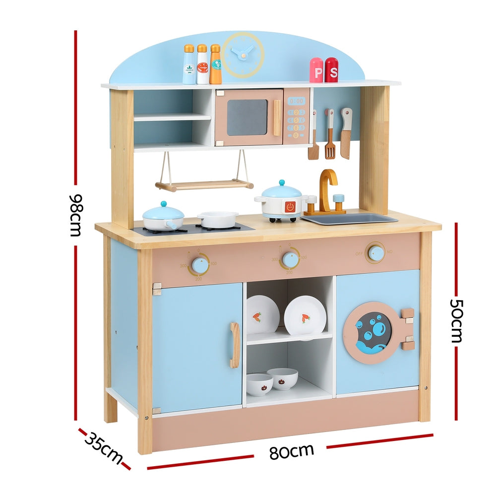 Keezi Kids Wooden Pretend Kitchen Play Sets Cooking Toys Pot Pan Bowls Oven Dishwasher 80CM Blue