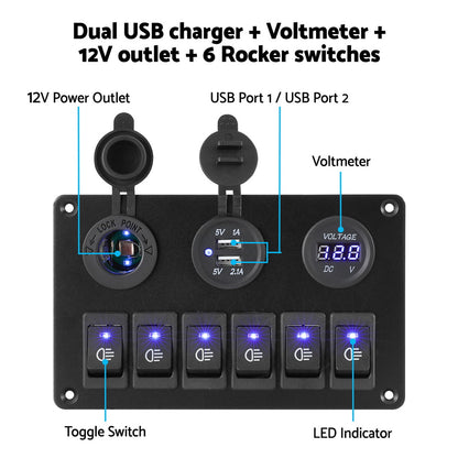 Giantz 6 Gang 12V Switch Panel For Car Boat Marine USB ON-OFF LED Rocker Toggle