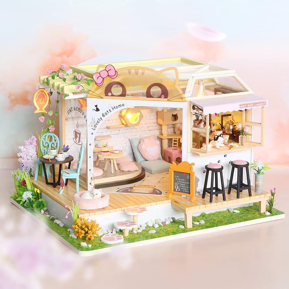 Dollhouse Miniature with Furniture Kit Plus Dust Proof and Music Movement - Cat Coffee (Valentine's Day Gift Idea)