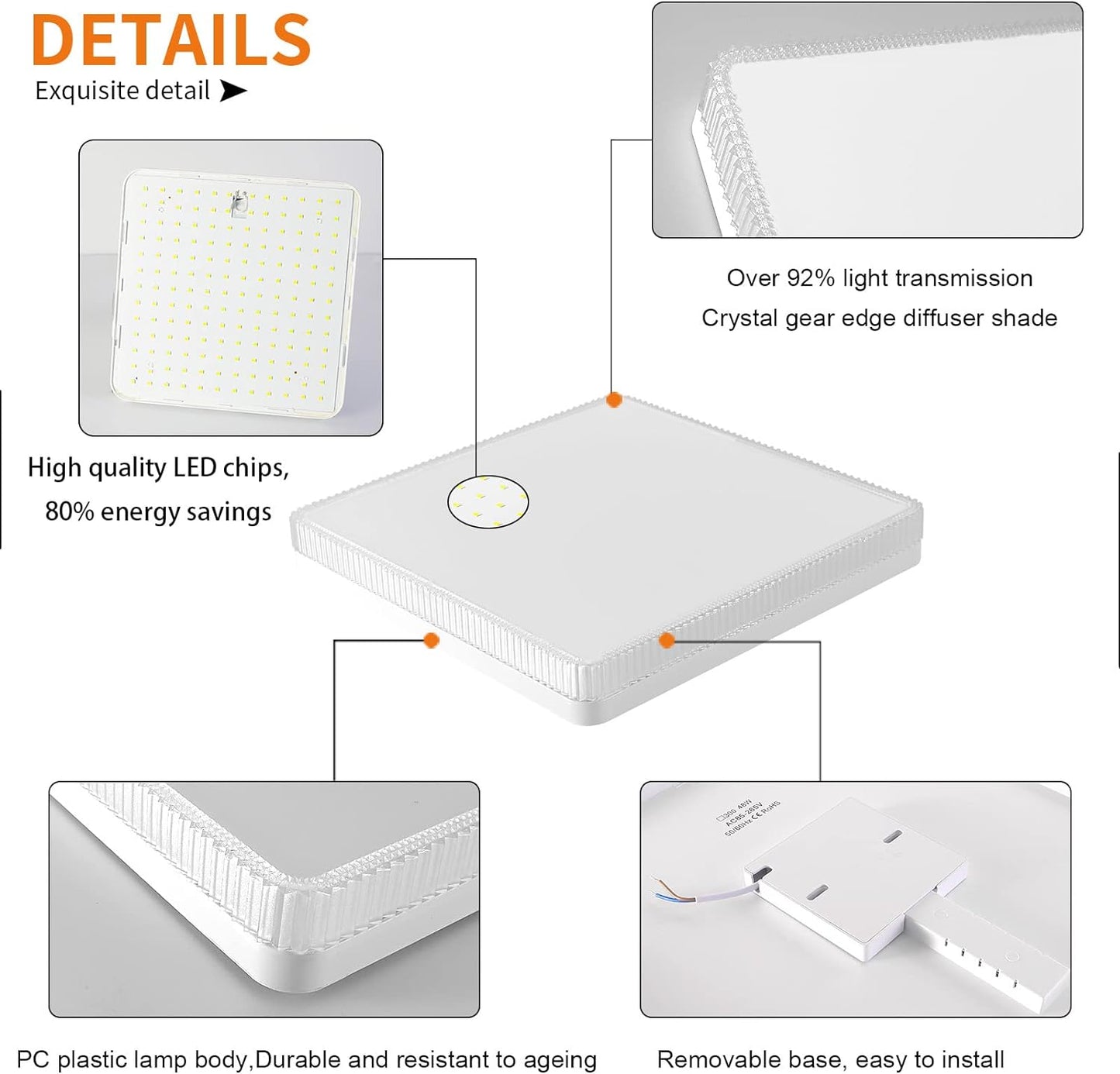 Flush Mount Ceiling Lights LED, Square White (23cm 36W)