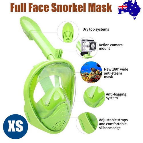 Green Full Face Snorkel Mask Swimming Breath Dry Diving Goggle Scuba Glass Anti-Fog AU XS