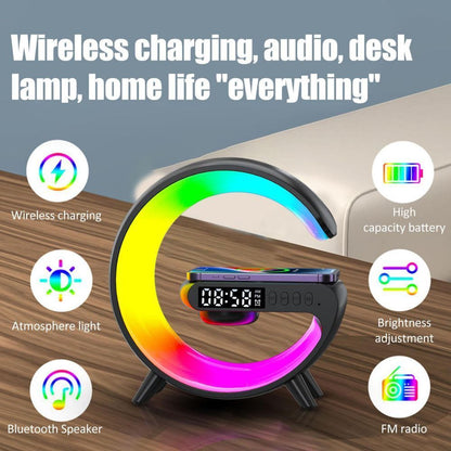 Black Smart G Lamp Night Light Bluetooth Speaker Wireless Charger LED RGB Alarm Clock