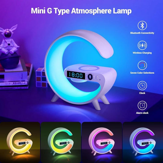 White Smart G Lamp Night Light Bluetooth Speaker Wireless Charger LED RGB Alarm Clock