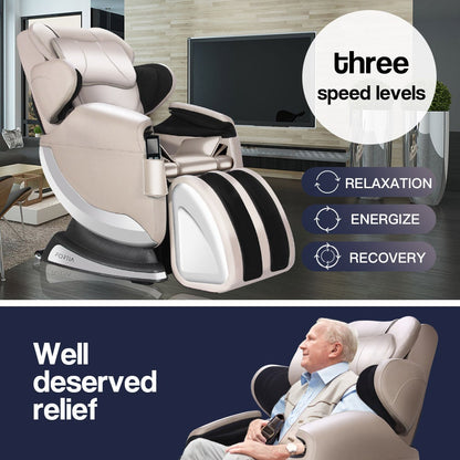 FORTIA Zero Gravity Recline Full-Body Massage Chair, with Back and Foot Rollers, Squeezing Air Pressure for Arms, Legs, plus Heat and Vibration functions, Cream