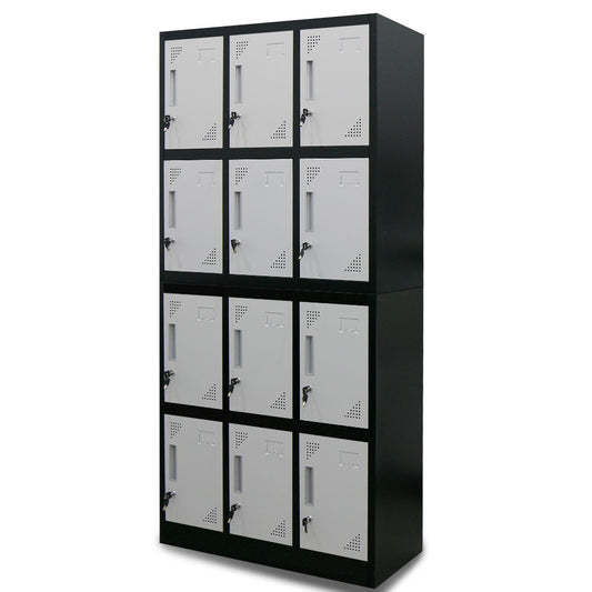 FORTIA 12-Door Metal Storage Locker Cabinet Gym Office Lockers Compartment, Black & Light Grey