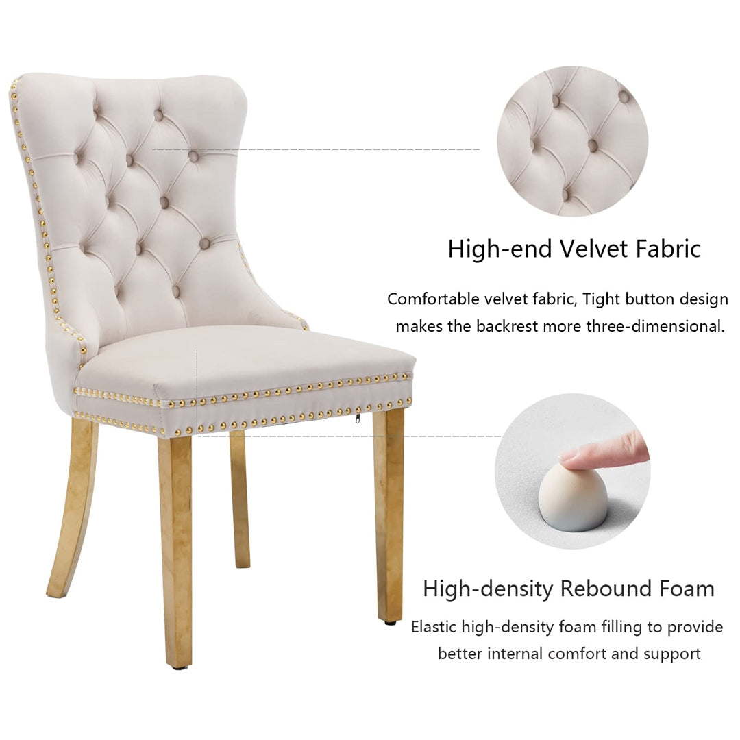 AADEN 2x Velvet Dining Chairs with Golden Metal Legs-Beige