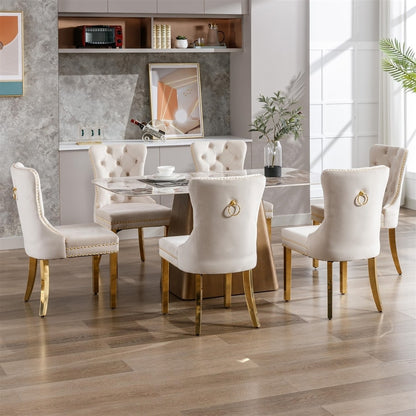 AADEN 2x Velvet Dining Chairs with Golden Metal Legs-Beige