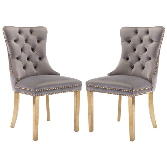 AADEN 2x Velvet Dining Chairs with Golden Metal Legs-Grey