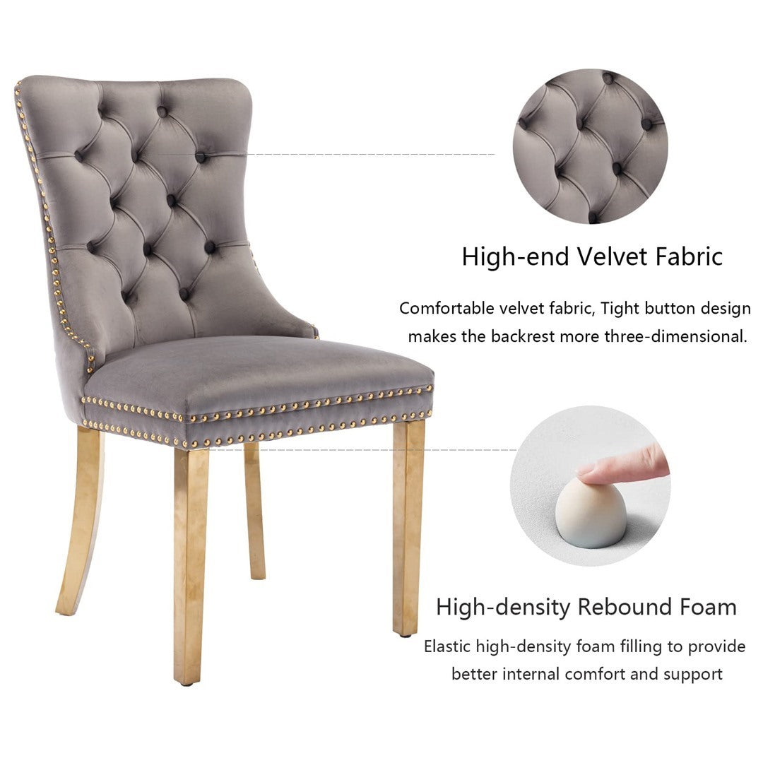 AADEN 2x Velvet Dining Chairs with Golden Metal Legs-Grey