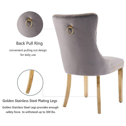 AADEN 2x Velvet Dining Chairs with Golden Metal Legs-Grey