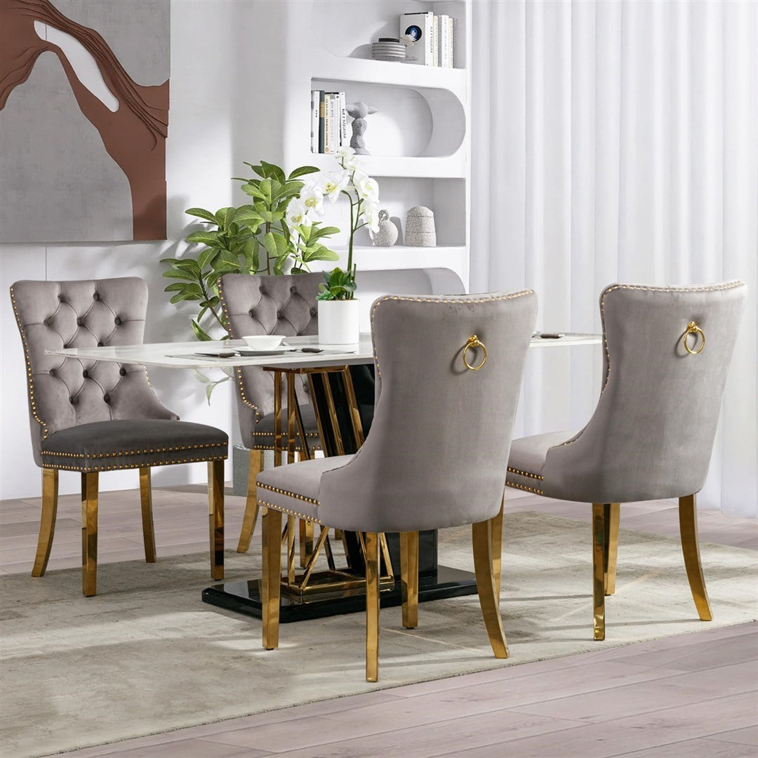 AADEN 2x Velvet Dining Chairs with Golden Metal Legs-Grey