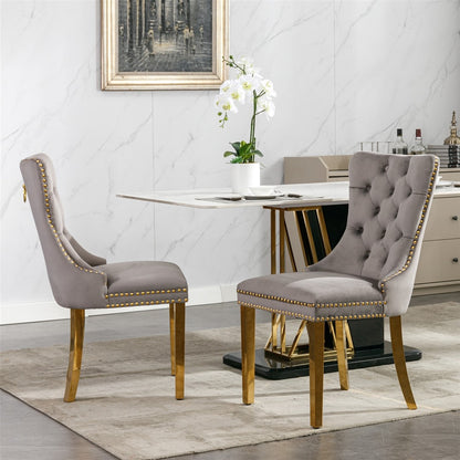 AADEN 2x Velvet Dining Chairs with Golden Metal Legs-Grey