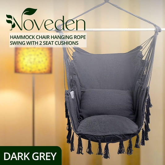 NOVEDEN Hammock Chair Hanging Rope Swing with 2 Seat Cushions Included (Dark Grey) NE-HC-102-XXW