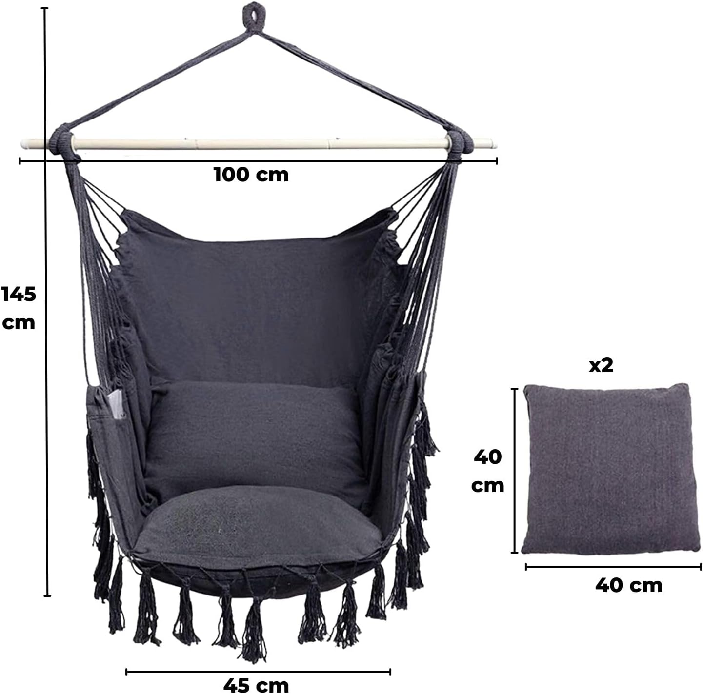 NOVEDEN Hammock Chair Hanging Rope Swing with 2 Seat Cushions Included (Dark Grey) NE-HC-102-XXW