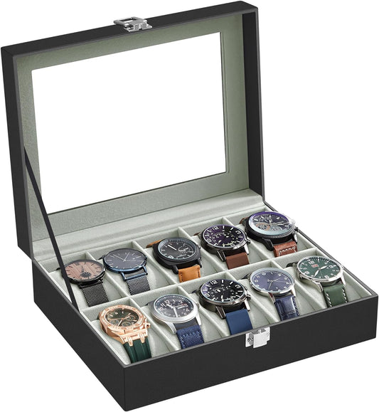 SONGMICS Watch Box for 10 Watches with Glass Lid and Removable Watch Pillows Black Synthetic Leather Grey Lining JWB010BK