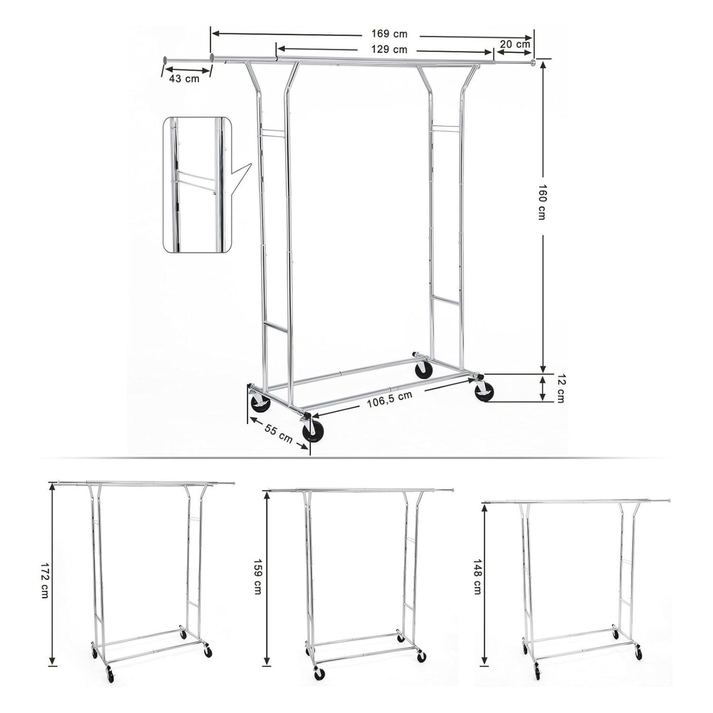 SONGMICS Metal Clothes Rack Stand on Wheels Heavy Duty Silver