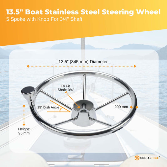 13.5" Boat Stainless Steel Steering Wheel - 5 Spoke with Knob For 3/4" Shaft