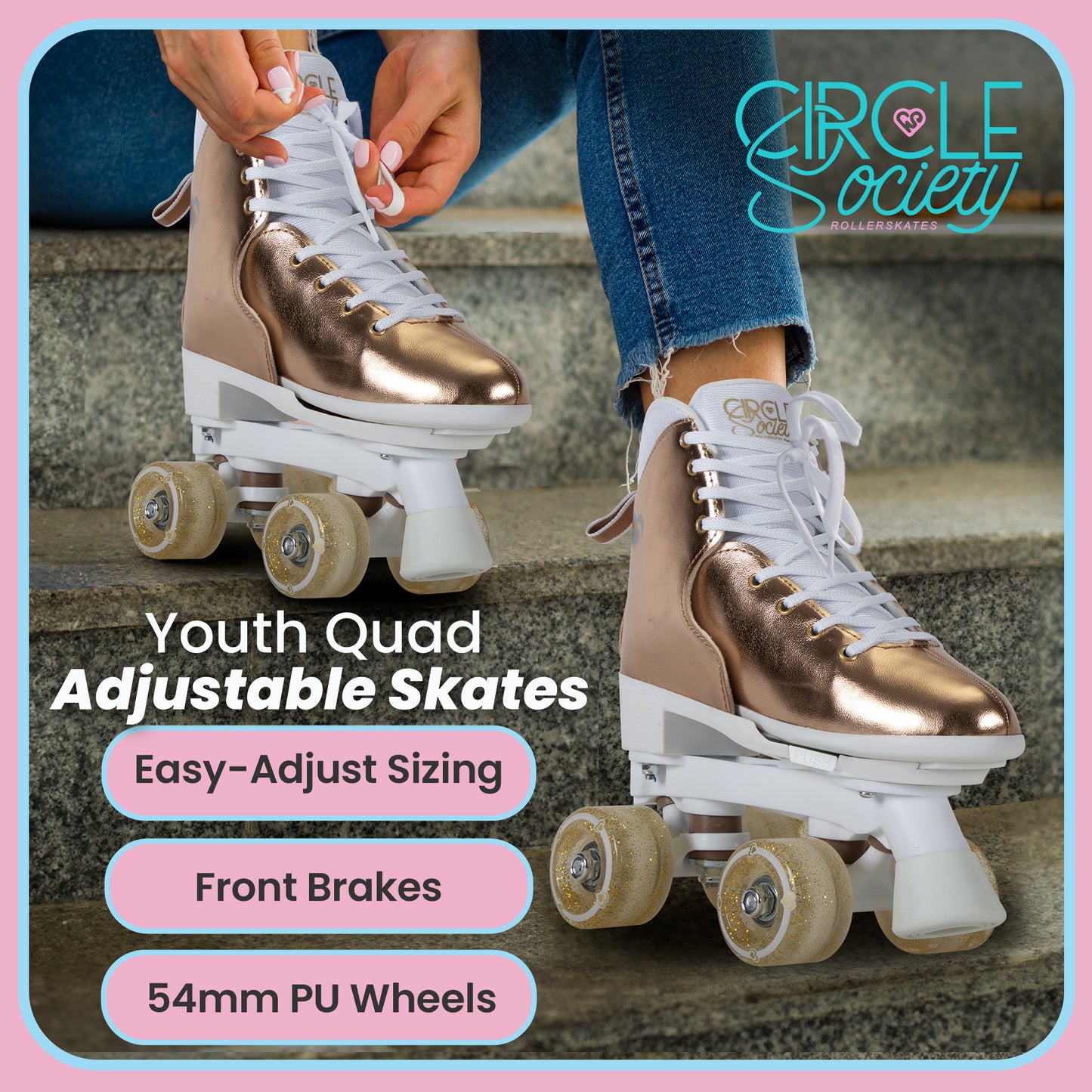 Circle Society Adjustable Quad Kids Roller Skates In Metallic Rose Gold