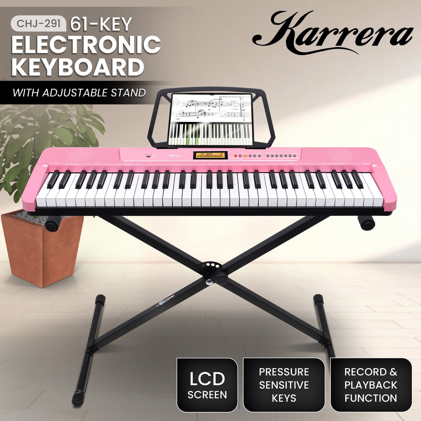 Karrera 61-Key Electronic Keyboard with LCD and Touch Response in Pink CHJ-291