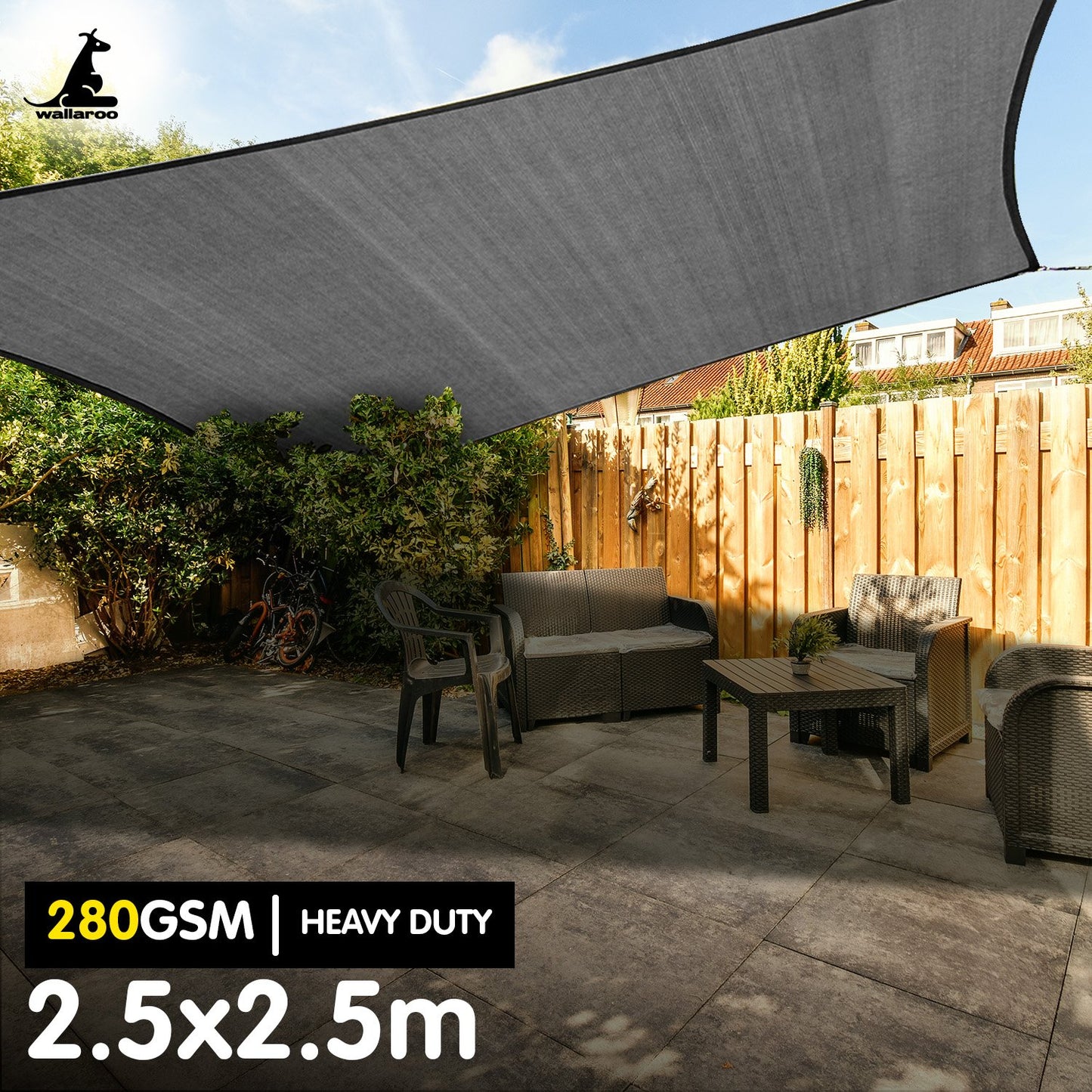 Wallaroo 280gsm Outdoor Sun Shade Sail Canopy Grey Square 2.5m X 2.5m