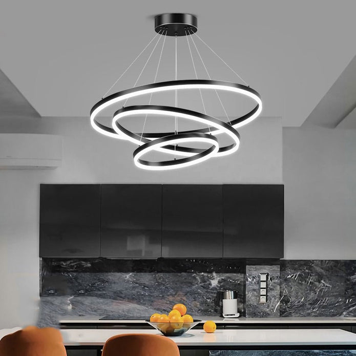 Black 3 Rings Minimalist LED Pendant Light Adjustable Circular Chandelier