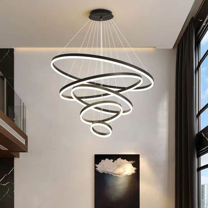 Black 3 Rings Minimalist LED Pendant Light Adjustable Circular Chandelier