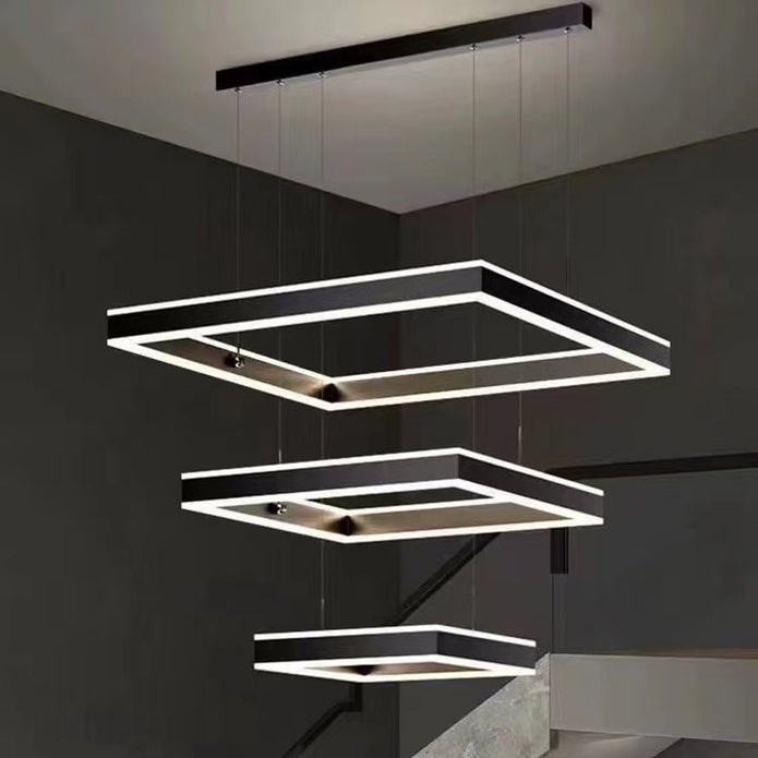 Modern Minimalist Square Pendant Light Adjustable LED Chandelier Triple Layer(straight base)