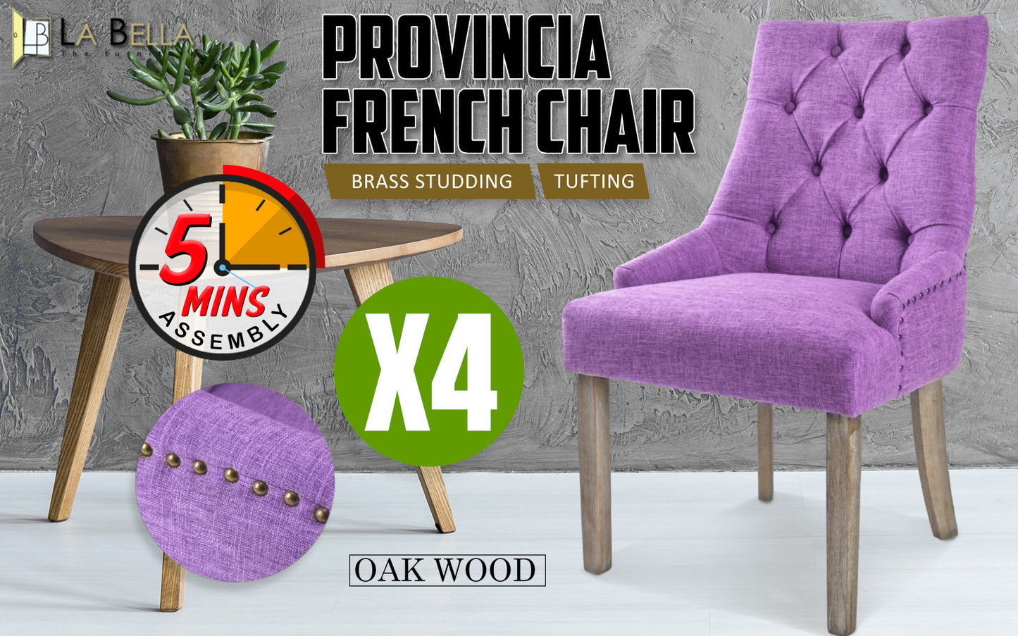 4X French Provincial Dining Chair Oak Leg AMOUR VIOLET