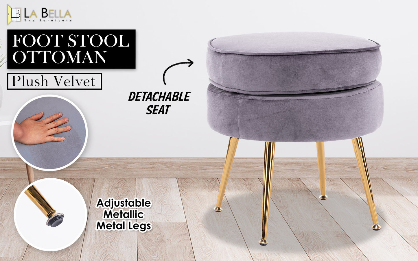 Ottoman Foot Stool Velvet Fabric Metal Leg Round GREY