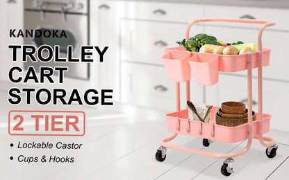 Trolley Cart Storage Utility Rack Shelf Organiser Swivel Kitchen 2 Tier PINK