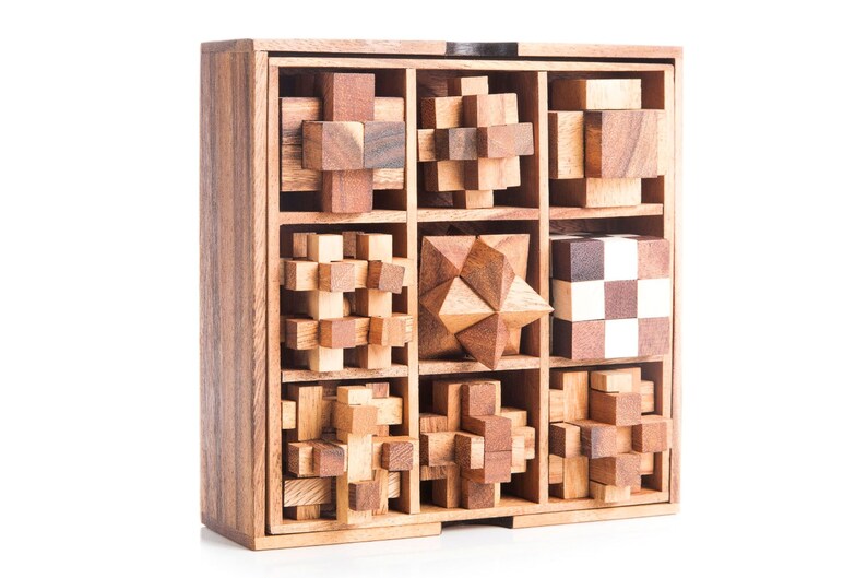 Mothers day gift Wooden brain teaser puzzle gift box - 9 individual mechanical puzzle set in own box