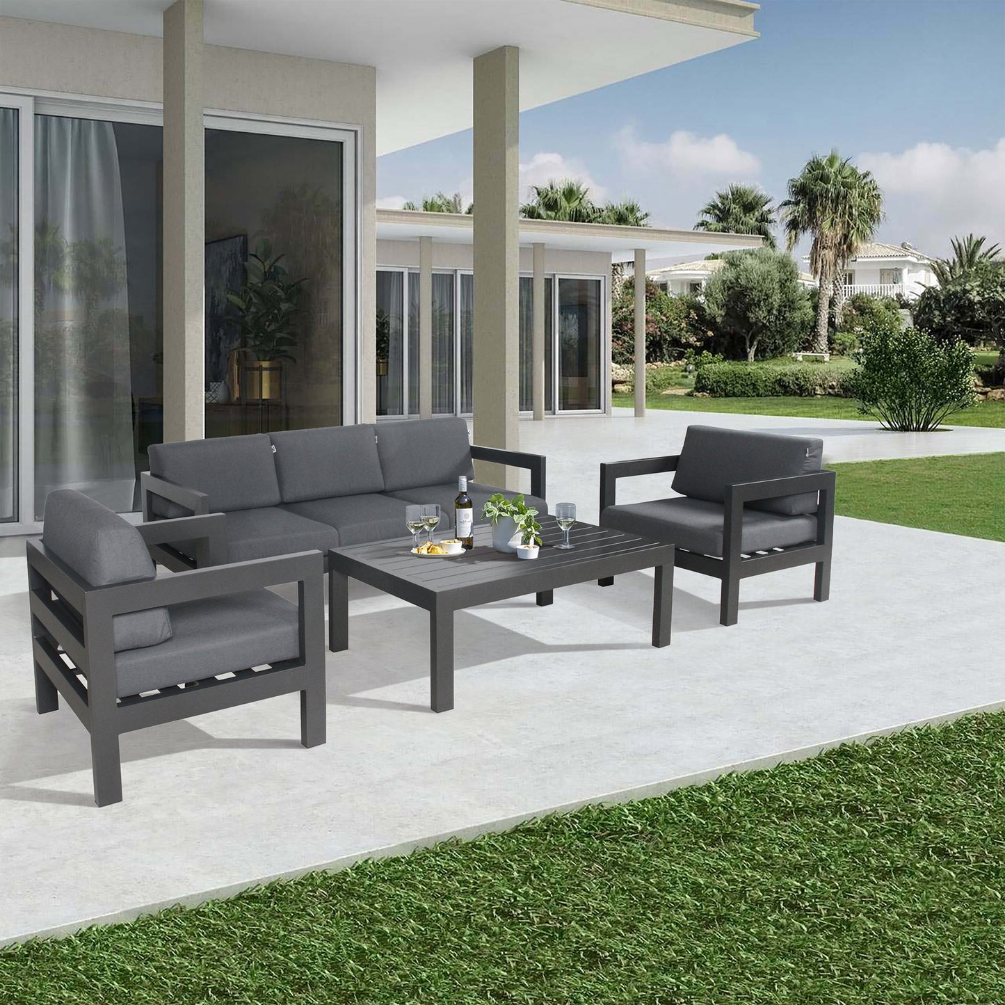 Outie 4pc Set 1+2+3 Seater Outdoor Sofa Lounge Coffee Table Aluminium Charcoal