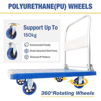 150kg Foldable Warehouse Platform Trolley Truck Dolly Platform Cart Swivel Wheels Moving Cart Flatbed