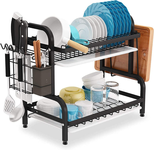 Dish Rack 2 Tier Dish Dryer Drainer Stainless Steel Dish Drying Rack Drip Trays Side Holder Kitchen Storage Save Space