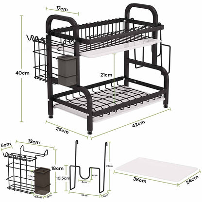 Dish Rack 2 Tier Dish Dryer Drainer Stainless Steel Dish Drying Rack Drip Trays Side Holder Kitchen Storage Save Space