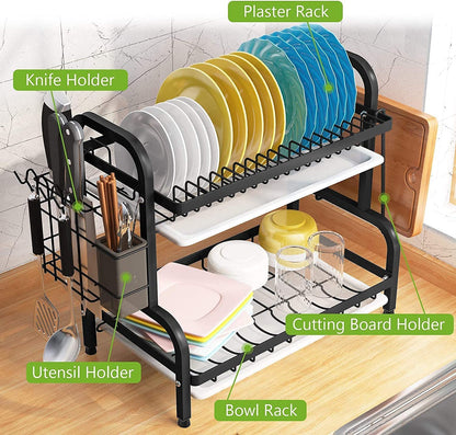 Dish Rack 2 Tier Dish Dryer Drainer Stainless Steel Dish Drying Rack Drip Trays Side Holder Kitchen Storage Save Space