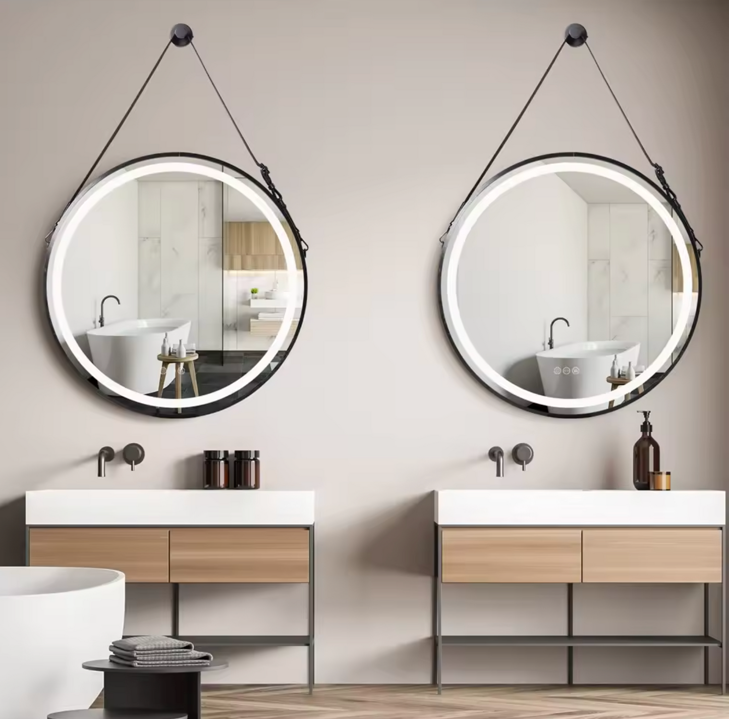 Interior Ave - LED Round Hanging Salon / Bathroom Wall Mirror - Black - 80cm