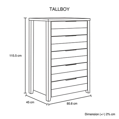 5 Pieces Bedroom Suite Natural Wood Like MDF Structure Double Size Oak Colour Bed, Bedside Table, Tallboy & Dresser