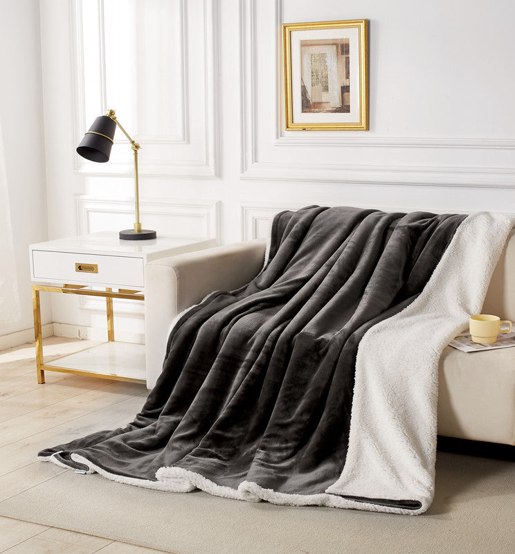 2 in 1 Teddy Sherpa Quilt Cover Set and Blanket queen size charcoal