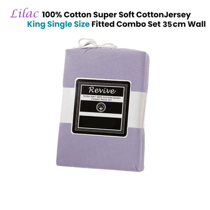 Revive Lilac 100% Cotton Jersey Super Soft Fitted Sheet Combo Set King Single 35cm Wall