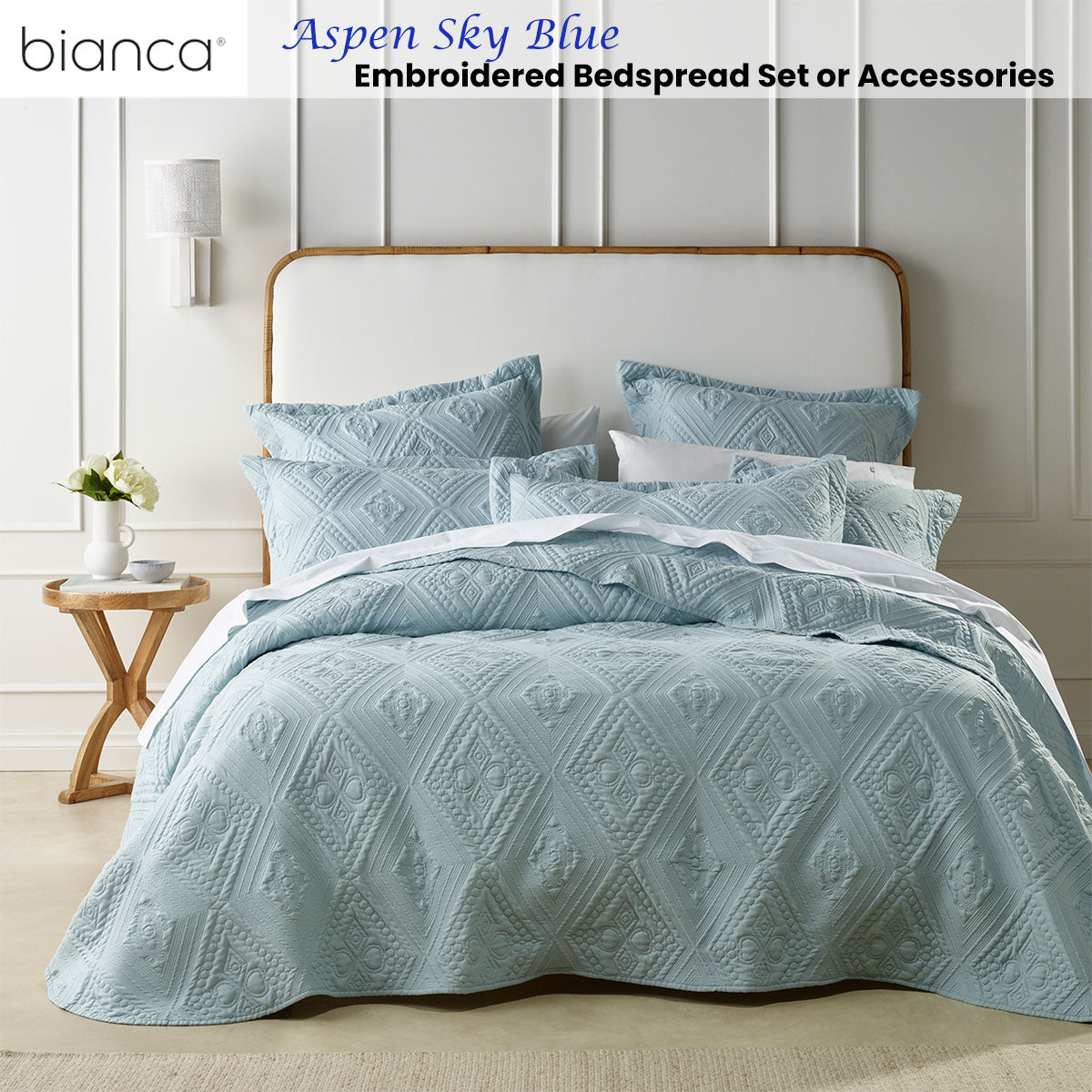 Bianca Aspen Sky Blue Embroidered Bedspread Set Queen