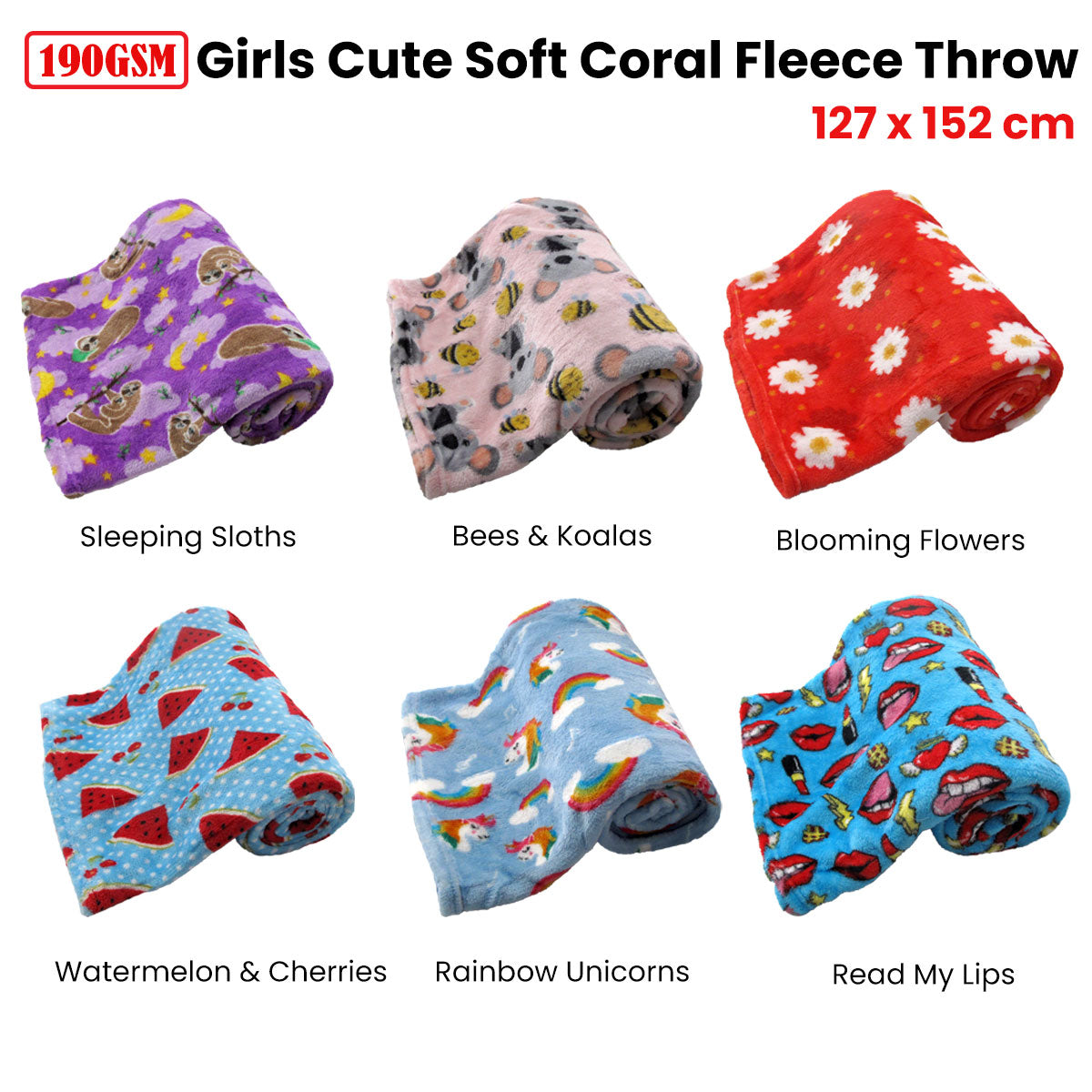 190GSM Girls Cute Ultra Soft Coral Fleece Throw 127 x 152cm Bees & Koalas