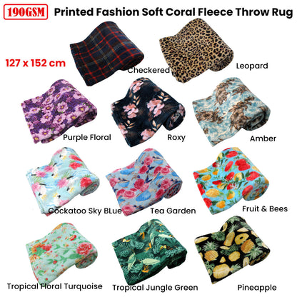 190GSM Fashion Printed Ultra Soft Coral Fleece Throw 127 x 152cm Cockatoo Sky Blue