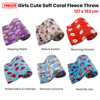 190GSM Girls Cute Ultra Soft Coral Fleece Throw 127 x 152cm Sleeping Sloths